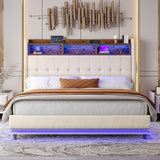 Jocisland Queen Size Bed Frame with Hydraulic Lift Up Storage, 53.1" H Built-in Bookcase & RGB LED Headboard, Velvet Upholstered Wingback Design, No Box Spring Needed, Cream Jocisland