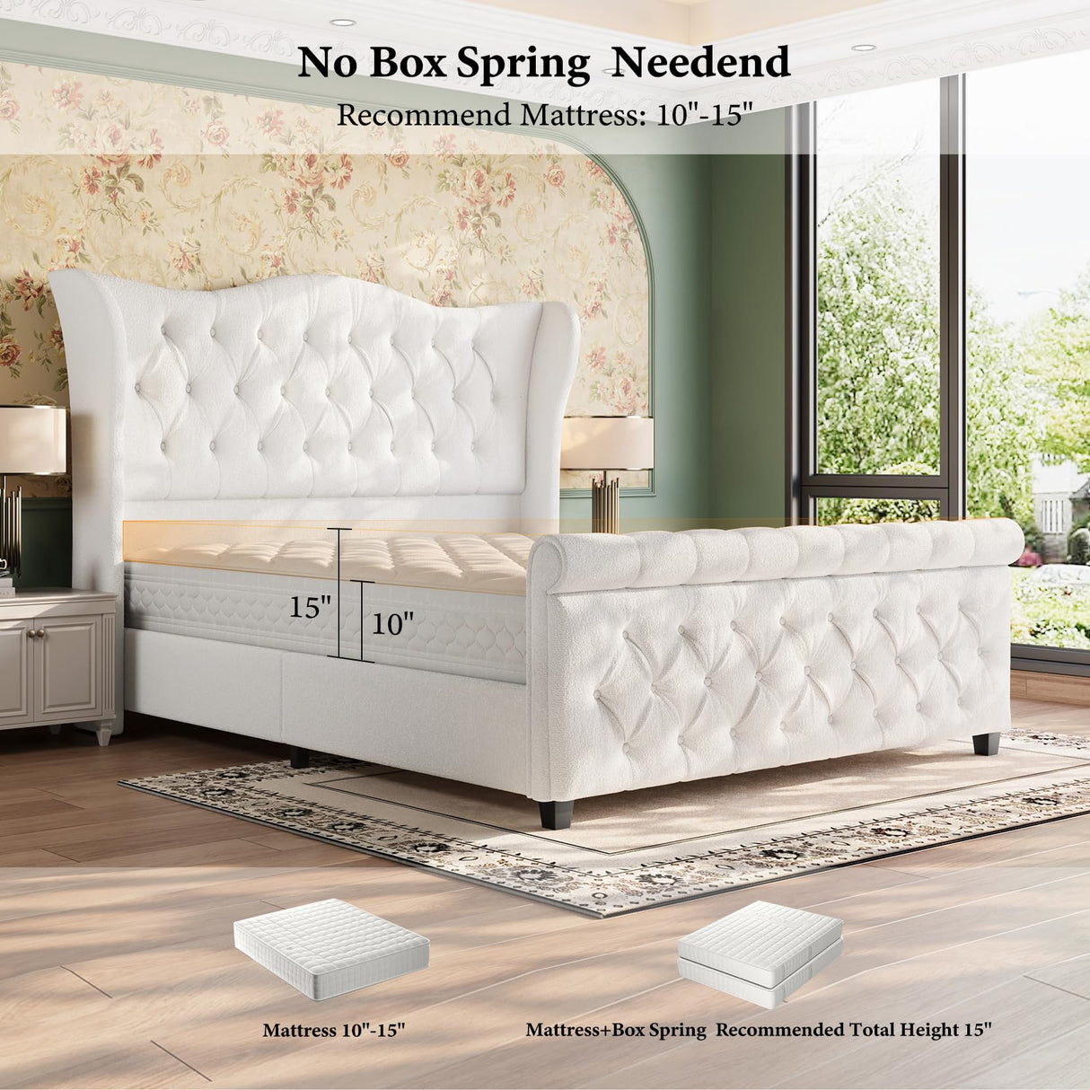Queen Size Bed Frame-Upholstered Platform Chenille Sleigh Bed-51 inch Scroll Wingback Tall Headboard Footboard-Deep Button Tufted-Easily Assemble-Wood Slats Support-No Box Spring Required-Cream koorlian