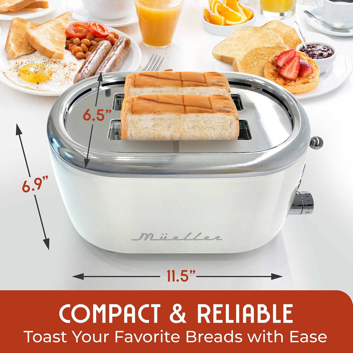 MÜELLERHOME Retro Toaster 2 Slice, 7 Browning Levels, 3 Functions (Reheat, Defrost, Cancel), Removable Crumb Tray, Under Base Cord Storage, White Toaster Kitchen Appliances MÜELLERHOME
