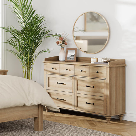 WAMPAT Kids Dresser for Bedroom with 6 Drawers, Oak Baby Dresser with Wide Chest of Drawers, Farmhouse Kids Closet Storage Organizer, Wood Dressers for Living Room, Nursery, Hallway WAMPAT