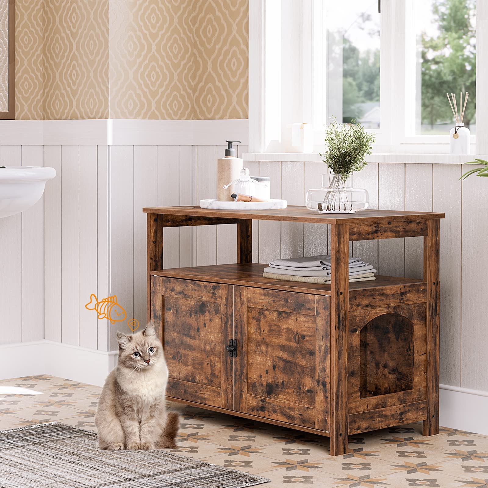 HOOBRO Litter Box Enclosure, Cat Litter Box Furniture Hidden, Enclosed Cat Toilet, Litter House, Large Size, with Extra Storage Space, Side Table, Coffee Table, Nightstand, Rustic Brown FG038 - WoodArtSupply