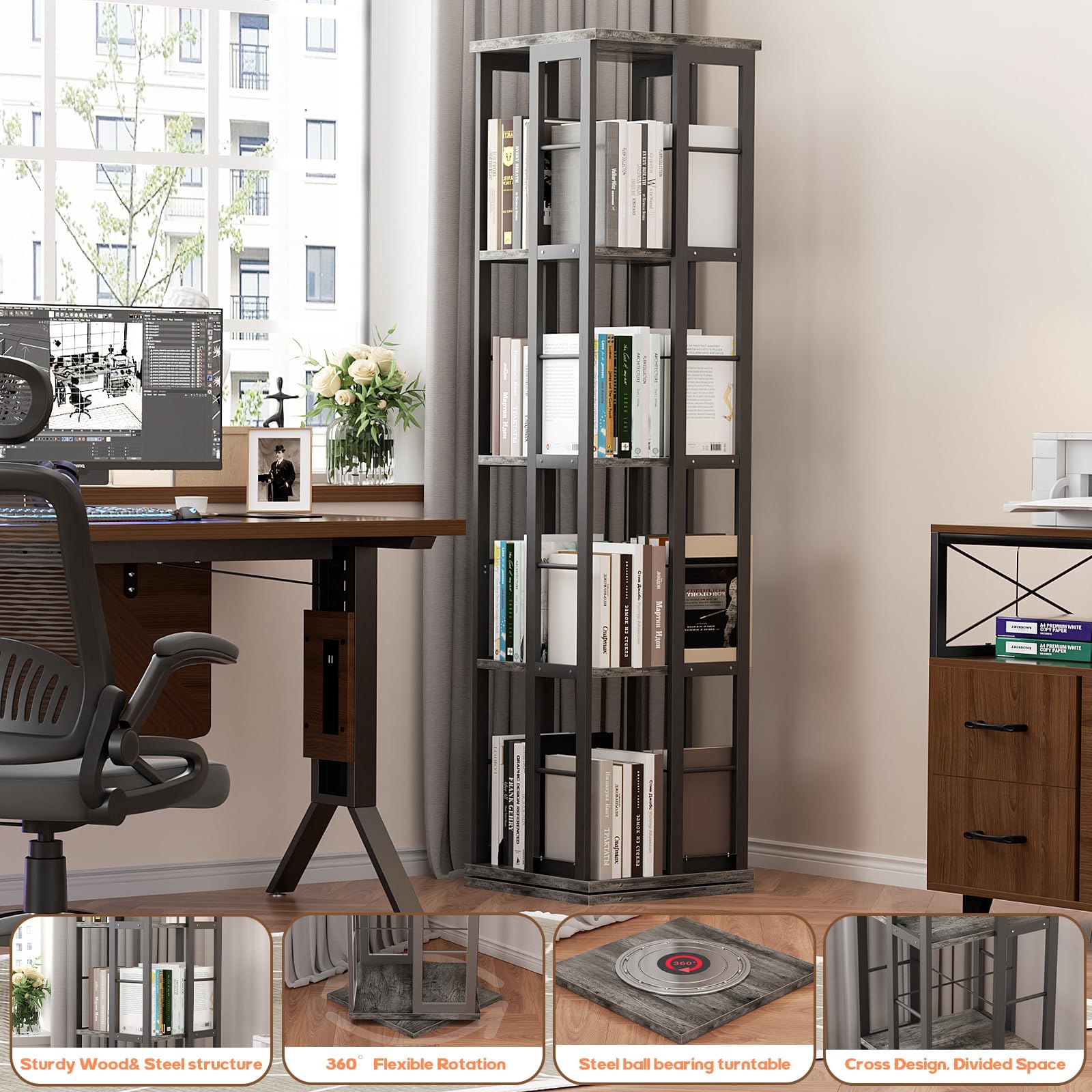 Aheaplus 360° Rotating Corner Bookshelf in Grey Oak - Stylish Space-Saving Bookcase for Small Areas - WoodArtSupply