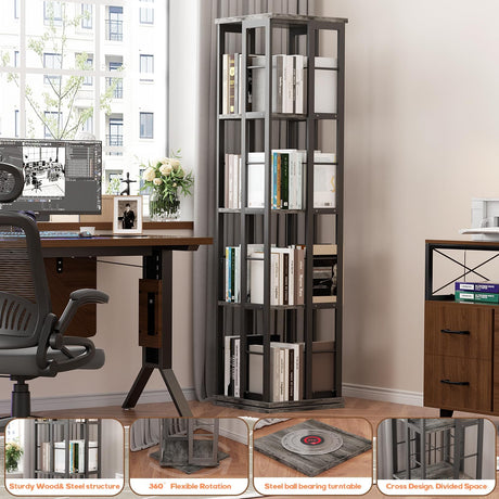 Aheaplus 360° Rotating Corner Bookshelf in Grey Oak - Stylish Space-Saving Bookcase for Small Areas Aheaplus