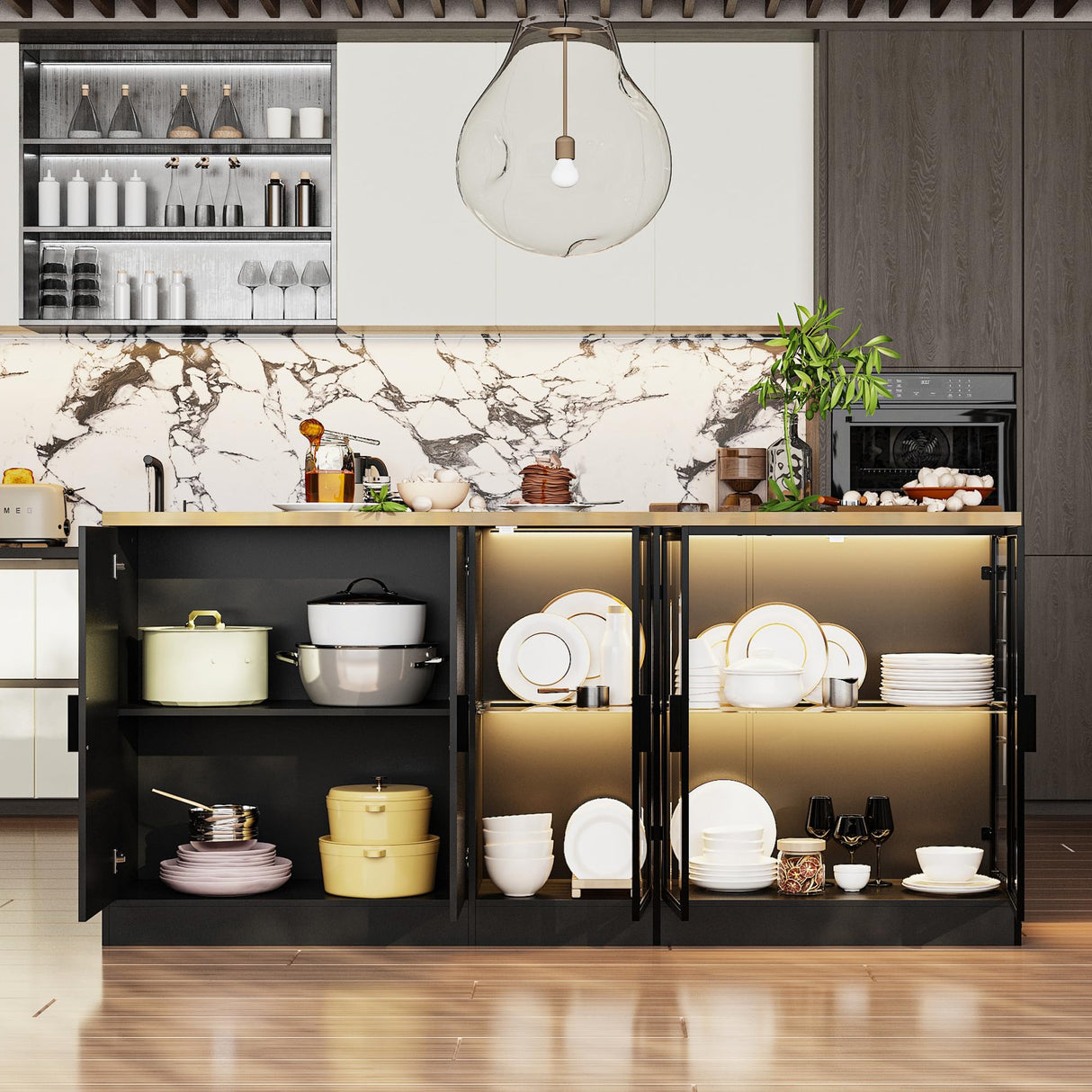 AGOTENI 77.6" W Large Kitchen Island with Storage & 3-Color Light, Island Table with Glass Doors, Adjustable Shelf and Drawers for Kitchen Dining Room, Black & Brown Wood Grain AGOTENI