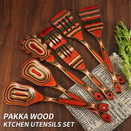 Wooden Spoons for Cooking, WOSPONFAN Kitchen Utensils Set, Pakkawood Kitchen Cooking Utensils Set, Apartment Essentials Wood Serving Spatula spoon, Salad Tongs, Home & kitchen Gift for Women wosponfan