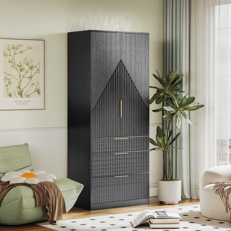 71.7" Wardrobe Armoire Wooden Closet with 2 Doors and 3 Drawers, Bedroom Armoire with Hanging Rod Shelf, Large Capacity Storage Wardrobe Armoire, Freestanding Wooden Closet Storage Cabinet Black TOKSOM