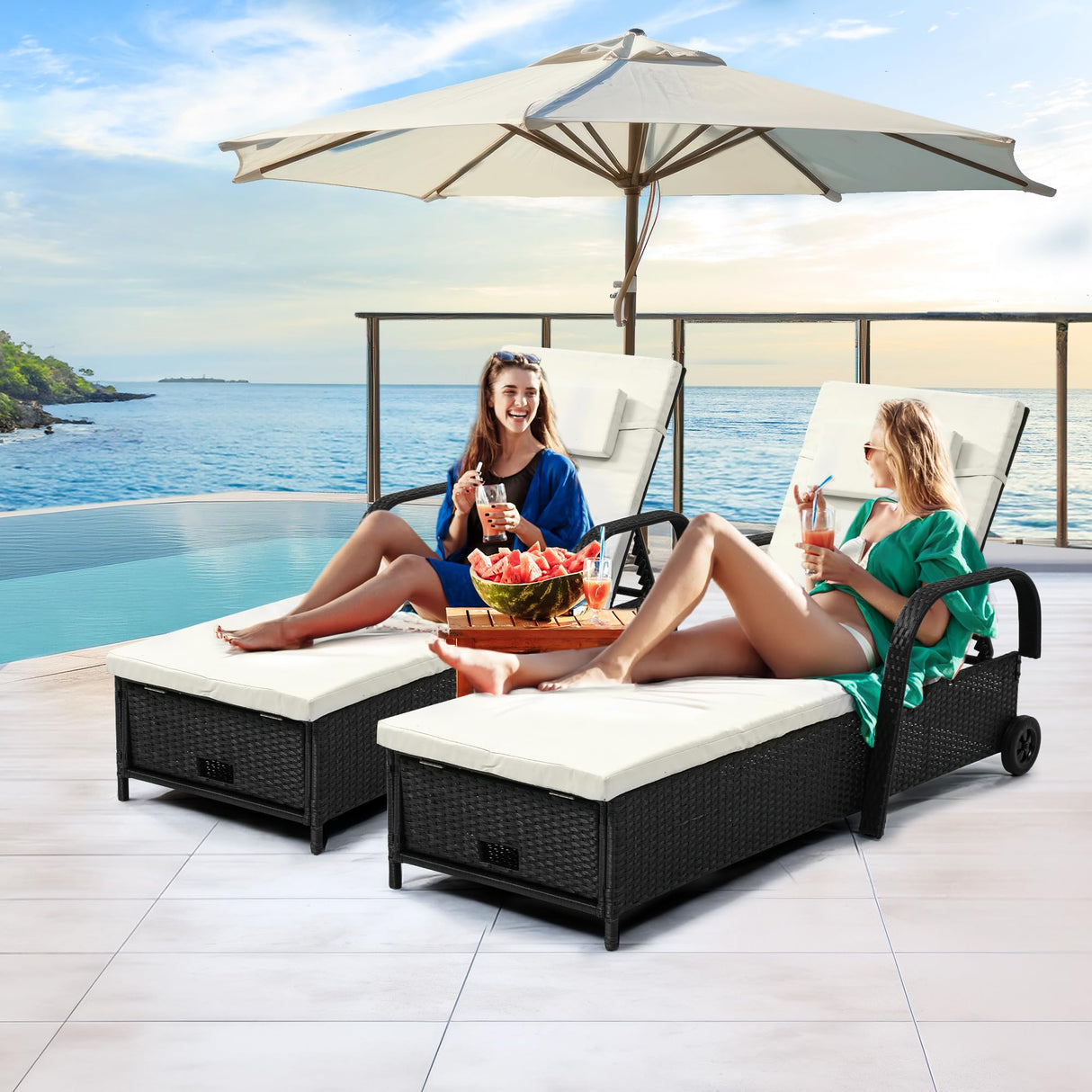 YITAHOME Chaise Lounge Chair with Storage, Wicker Patio Lounge Set of 2 with 5-Position Backrest, Rattan Pool Reclining with Headrest, Arm, Cushion, and Wheel for Poolside Balcony Garden(Black+Beige) YITAHOME