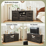 JanflyHome Wood Rustic Chest of Drawers, 63" Wide Vintage 7 Dresser with Outlet and Lights, Farmhouse Drawers Dresser with 4 Drawers & 3 Cabinets for Living Room, Dark Rustic Oak JanflyHome