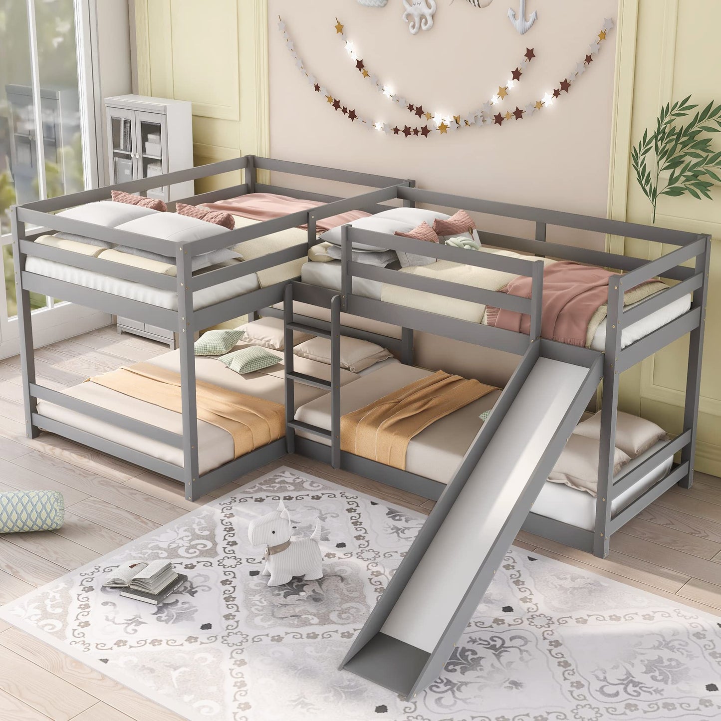 MhaRt Quad Bunk Beds with Slide, L Shape Bunk Bed Compatible with 4, Full Over Full Bunk Bed & Twin Over Twin Bunk Bed, Wood Corner Bunk Beds Compatible with 0 Teens (4 Beds, Gray),Modern Style