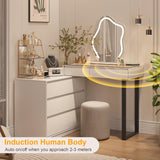 MIIFUNY Corner Vanity Desk with Mirror and Lights, Makeup Vanity with Charging Station, Extendable Dressing Table with Drawers and Dresser for Women Girls, White MIIFUNY