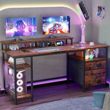 Furologee 61" Desk with Fabric File Drawer, Reversible Computer Desk with Shelves and Drawer, Industrial Writing Desk with Monitor Stand, Long Study Table Workstation for Home Office, Rustic Brown Furologee