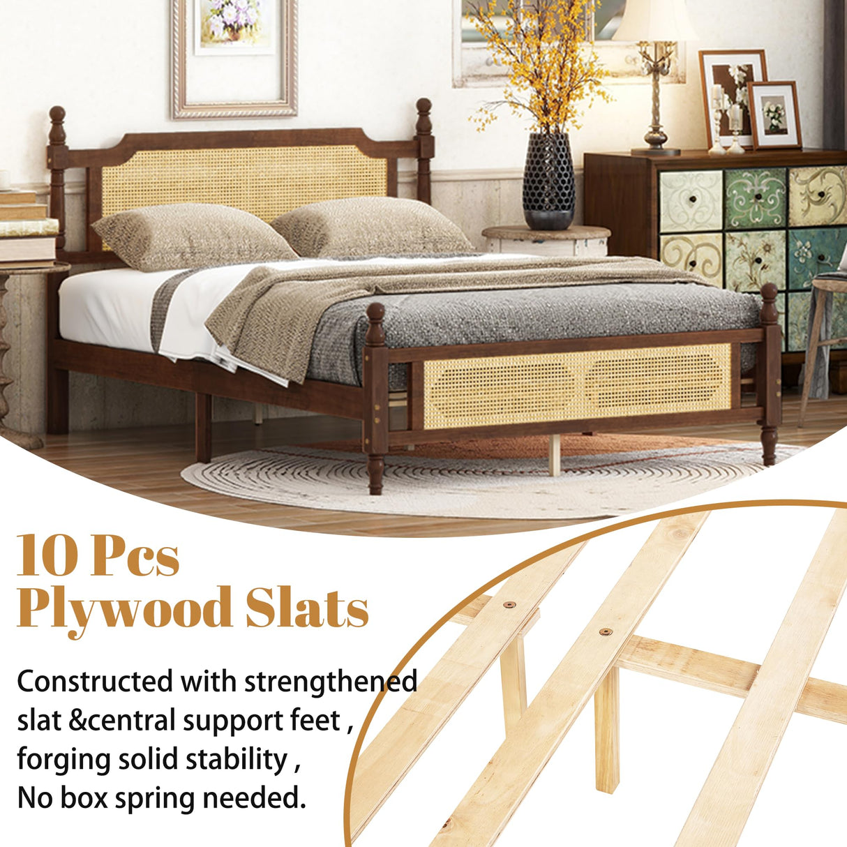 MoproBeti Queen Bed Frame with Rattan Headboard and Footboard, Rubber Wood Platform Bed Frame with Large Under Bed Storage,Boho and Mid Century Style, No Box Spring Needed, Easy Assembly,Walnut MoproBeti