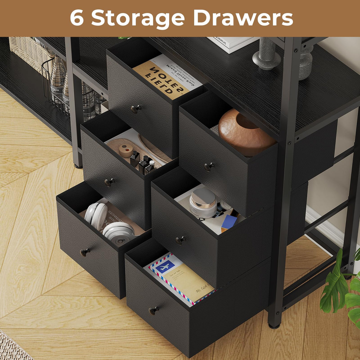 HAUOMS Corner Bookshelf, 6 Tier Industrial Convertible Bookshelf with 6 Fabric Drawers, Corner Bookcase Large L Shaped Storage Display Shelf for Home Office, Living Room, Kitchen, Black HAUOMS