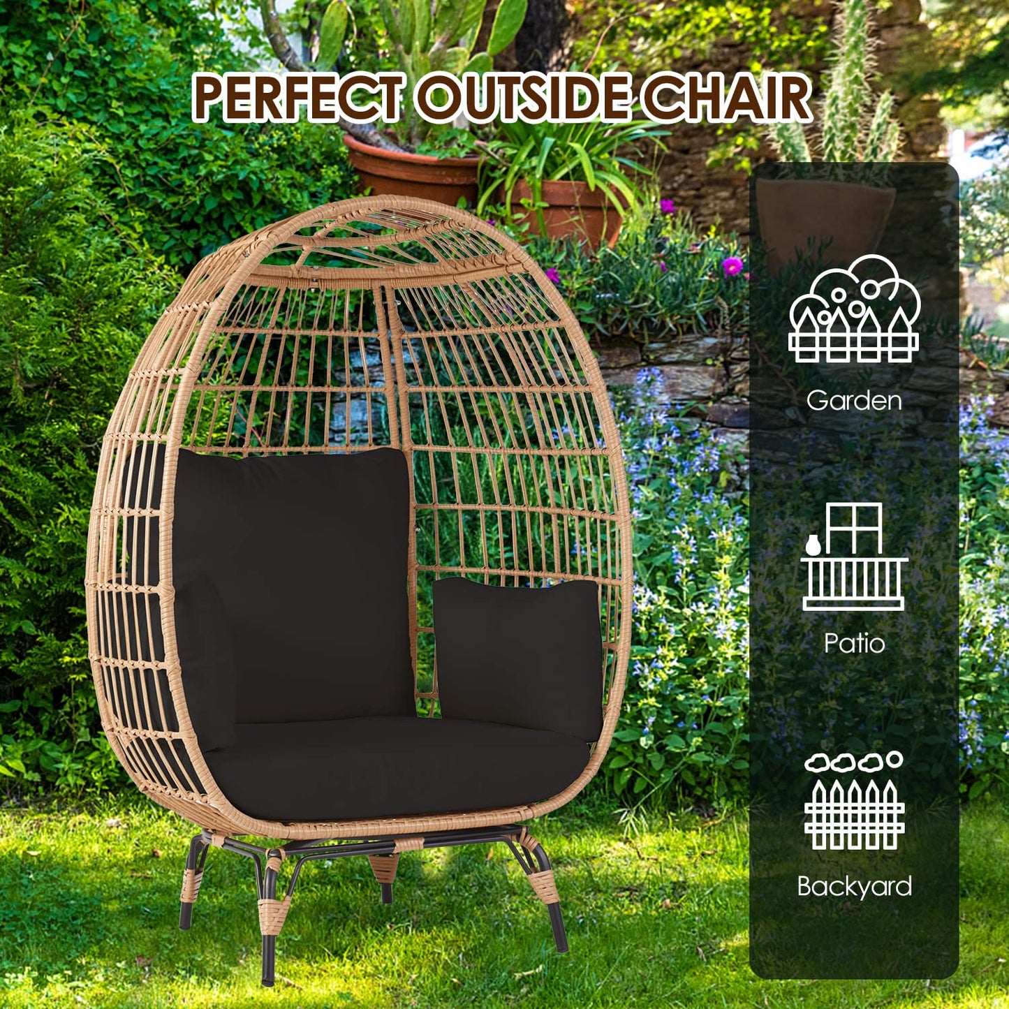 OTSUN Oversized Wicker Egg Chair Set of 2, Outdoor Indoor Lounger with 4 Cushions, 440lb Capacity, Egg Basket Chair for Living Room, Backyard, Balcony, Patio, Black