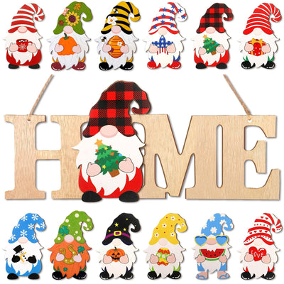 Yookeer 13 Pcs Interchangeable Gnome Home Sign Wood 3D Christmas Winter Seasonal Door Decor Rustic Farmhouse Home Decoration for Holiday Wall Decor Gift(Wood Color)