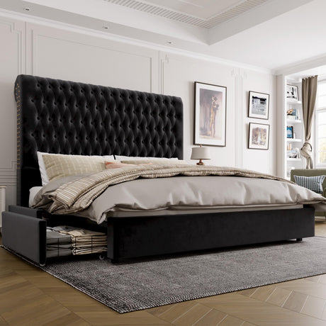 King Size Bed Frame 55" Tall Headboard with Gorgeous Button Tufted and Nail, Velvet Fabric Upholstered Bed Frame includes 4 Under-bed Storage Drawers, Wooden Slats, Noise-Free, Easy Assembly, Black Keyluv