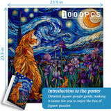 Cat Puzzles for Adults 1000 Pieces, PICKFORU Stained Glass Puzzles Feature Purple Iris Flowers, Starry Night, Moonlit Cat Flower Jigsaw Puzzle for Cat Lovers PICKFORU