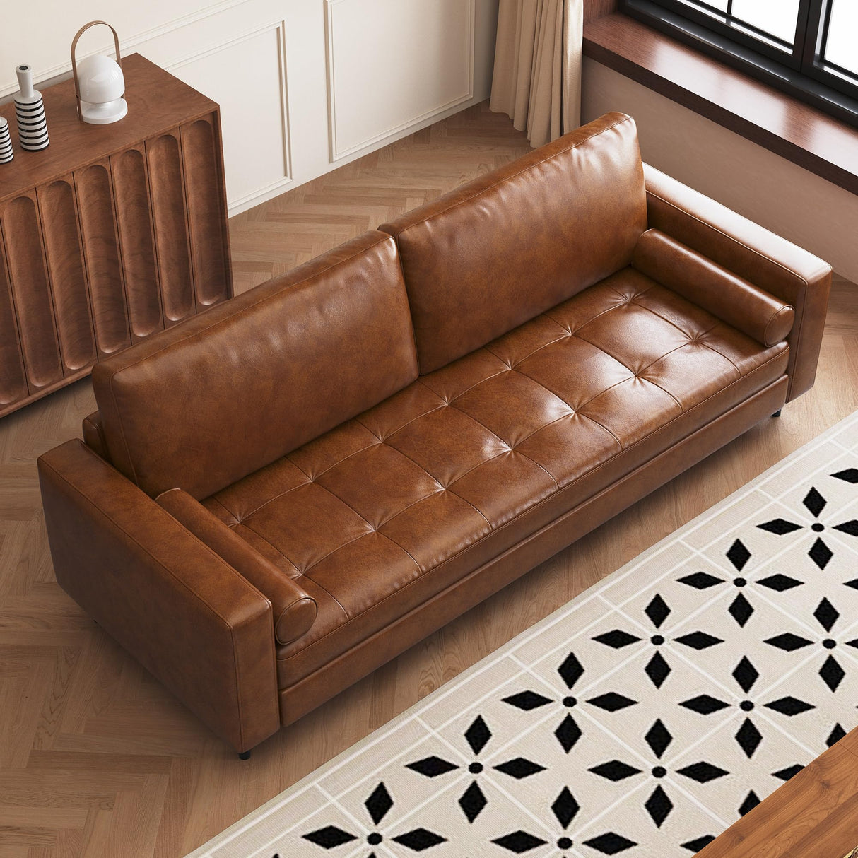 gaoyangjiaju Mid-Century Modern 80.31" Wide Leather Couch with Round Cylinder Arms, Brown Leather Sofa for Living Room & Bedroom, Cozy Lounge Furniture for Small Spaces gaoyangjiaju