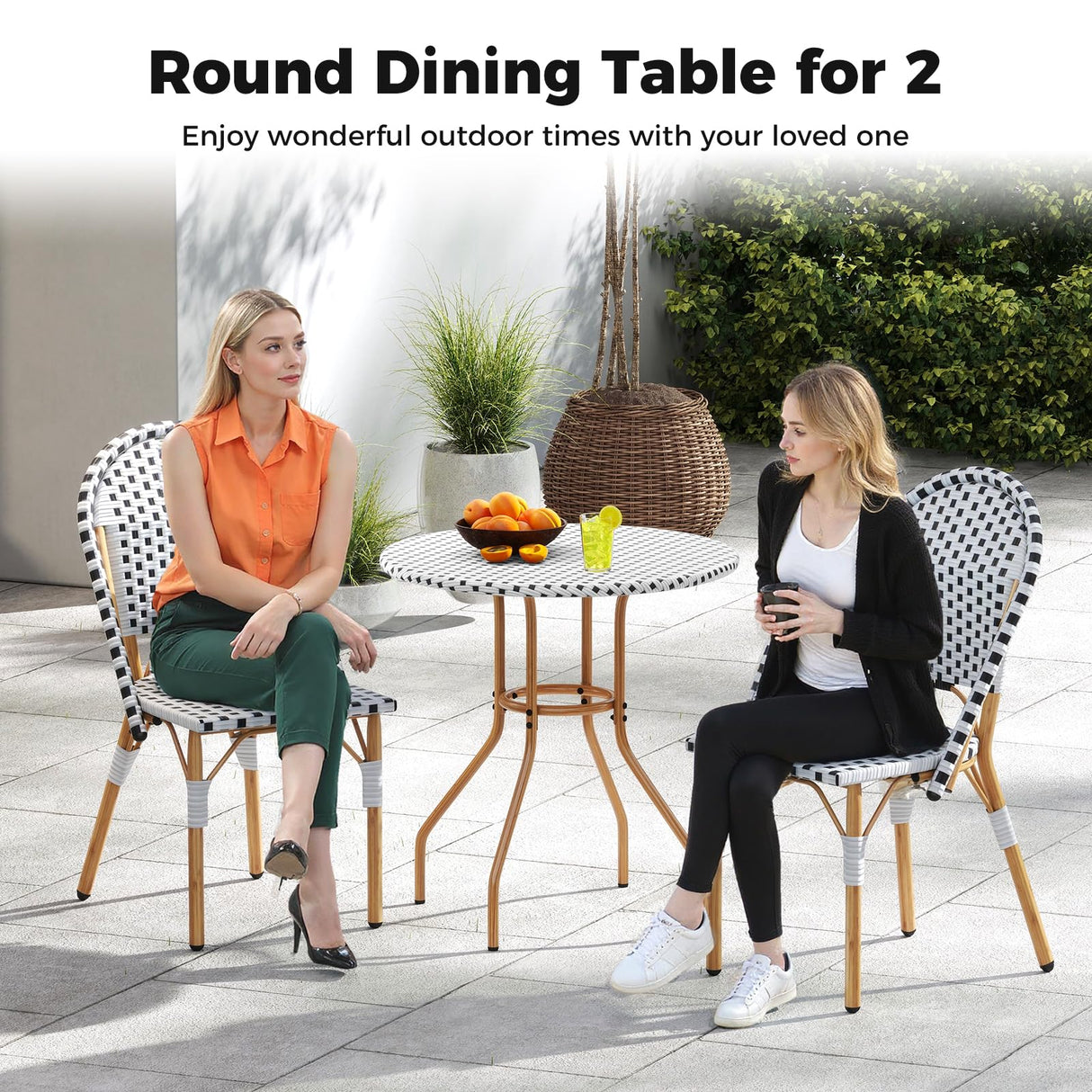 Tangkula 3 Piece French Bistro Table Chair Set, Outdoor Wicker Round Table & 2 Dining Chairs with Metal Support, Outside Accent Dining Furniture Set for Garden, Balcony, Porch Tangkula