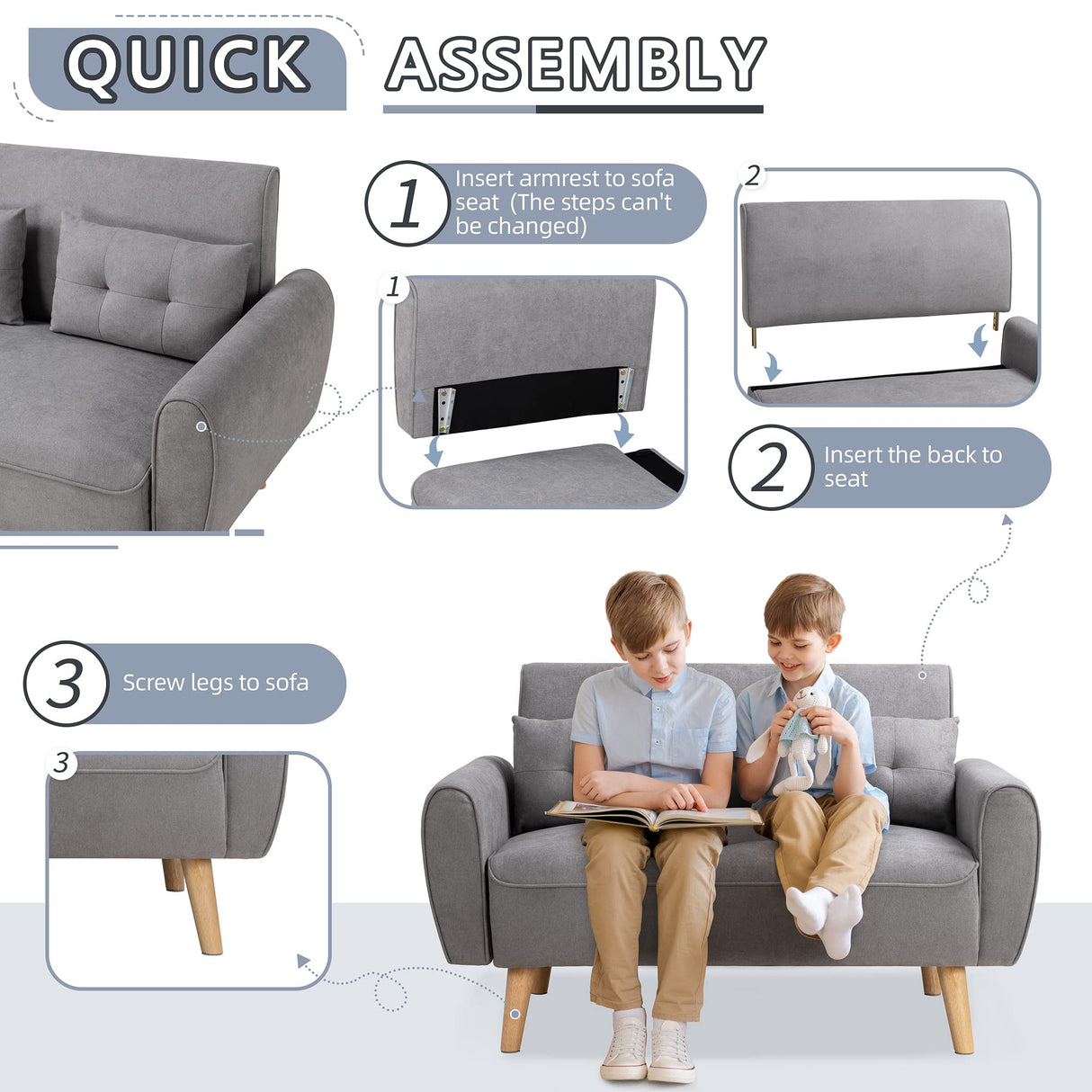 Shintenchi Small Modern Loveseat Couch Sofa, Mid Century Fabric Upholstered 2-Seat Sofa Couch Love Seats Furniture for Small Space,Living Room,Studio,Apartment with 2 Pillows,Light Grey Shintenchi