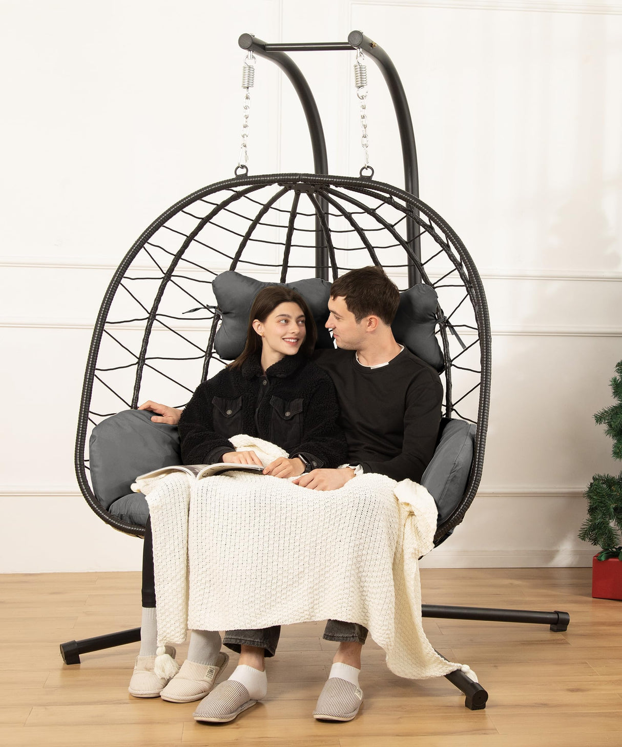 Double Egg Chair wth Stand Hammock Swing Chair Foldable Hanging Loveseat, UV Resistant Removable Cushions, 700LBS Capacity for Bedroom, Balcony, Garden(BK-GR) DoubleTT