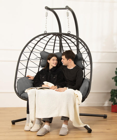 Double Egg Chair wth Stand Hammock Swing Chair Foldable Hanging Loveseat, UV Resistant Removable Cushions, 700LBS Capacity for Bedroom, Balcony, Garden(BK-GR) DoubleTT