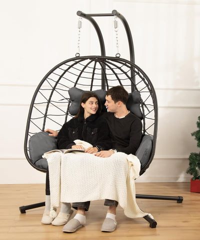 Double Egg Chair wth Stand Hammock Swing Chair Foldable Hanging Loveseat, UV Resistant Removable Cushions, 700LBS Capacity for Bedroom, Balcony, Garden(BK-GR)