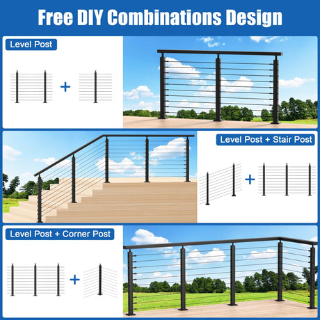 CKE 10-15ft Complete Set 36" Cable Railing Post Kit, 3Pack Adjustable Top Level Drilled Line Posts(35"x2"x2"), 220ft 1/8" Wire Rope, Black Swageless Invisible Cable Railing Kit (No Handrail) LPS01 CKE