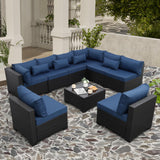 Rattaner 9 Pieces Outdoor Sectional All-Weather Wicker Patio Furniture Set Patio Sectional and Glass Patio Table Non-Slip Cushions and Waterproof Covers, Navy Blue Rattaner