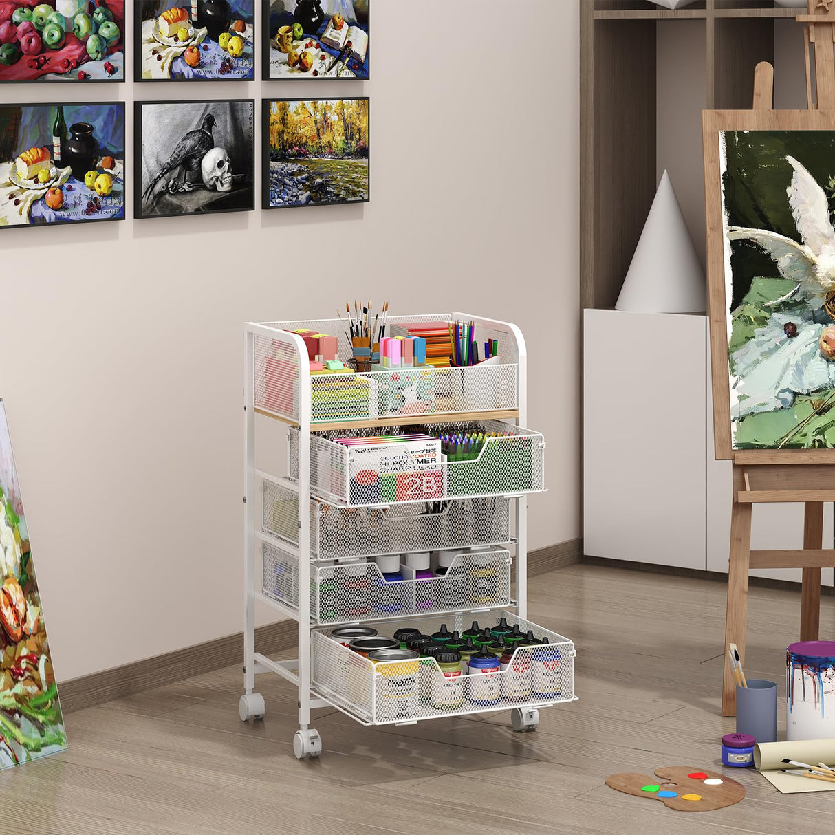 5-Tier Craft Organizer Cart with Wheels,Craft Organizers and Storage with Drawers,Lockable Wheels Rolling Utility Cart with DIY Divider,Office Supply Organizer,Ideal for Studio,Office,Bedroom,White Yociyoga