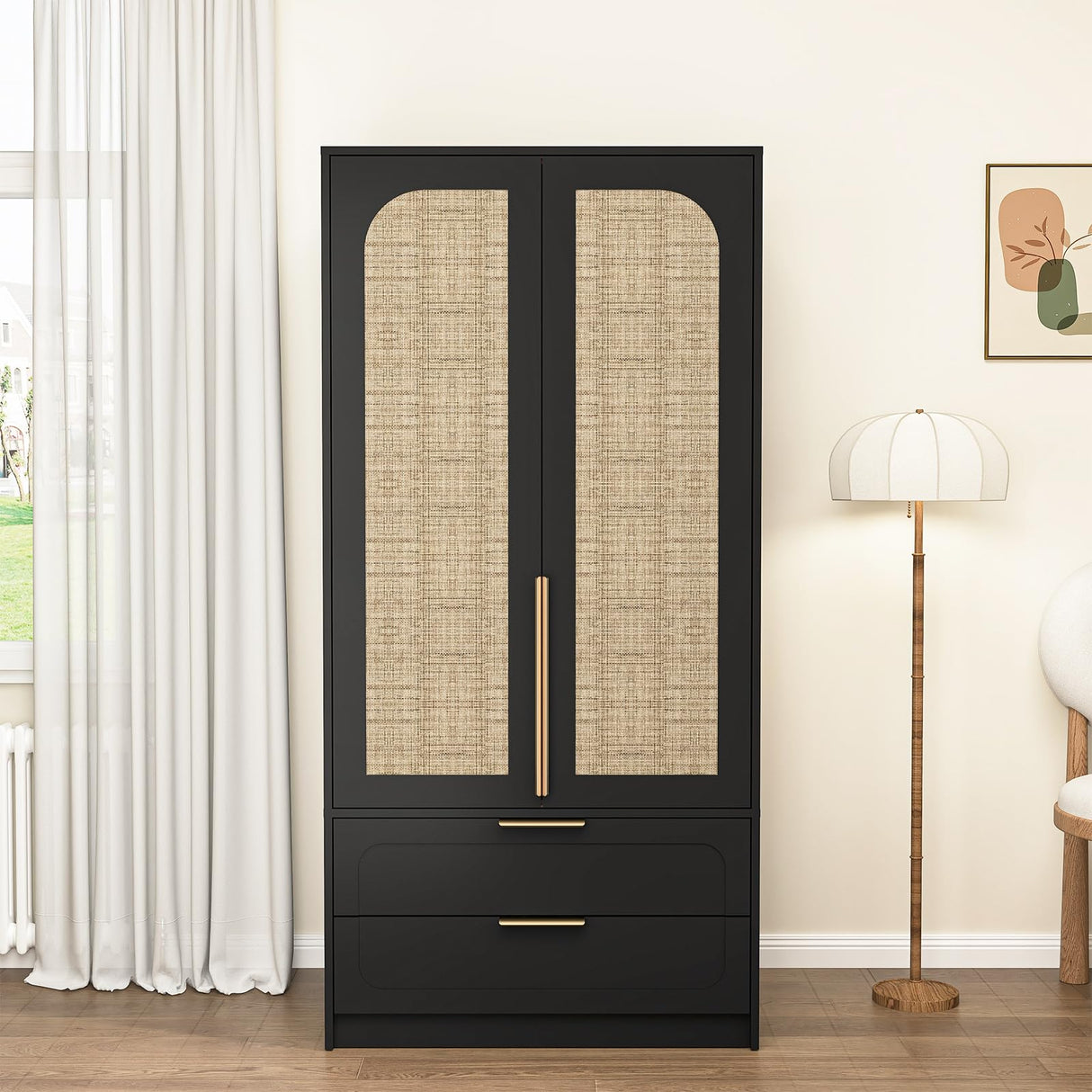 UZUGUL Armoire Wardrobe Closet with Door and 2 Drawer, Black Bedroom Armoire Cabinet with Hanging Rod,Wooden Wardrobe Storage Cabinet Closet with Large Storage for Bedroom (Black) UZUGUL