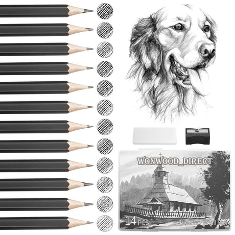 Wonwood_direct Sketching Drawing Pencils Set,14 Pack Drawing Supplies, 8B 7B 6B 5B 4B 3B 2B B H HB 2H F Graphite Pencils for Artists Beginner, Ideal for Sketching and Shading Wonwood_direct
