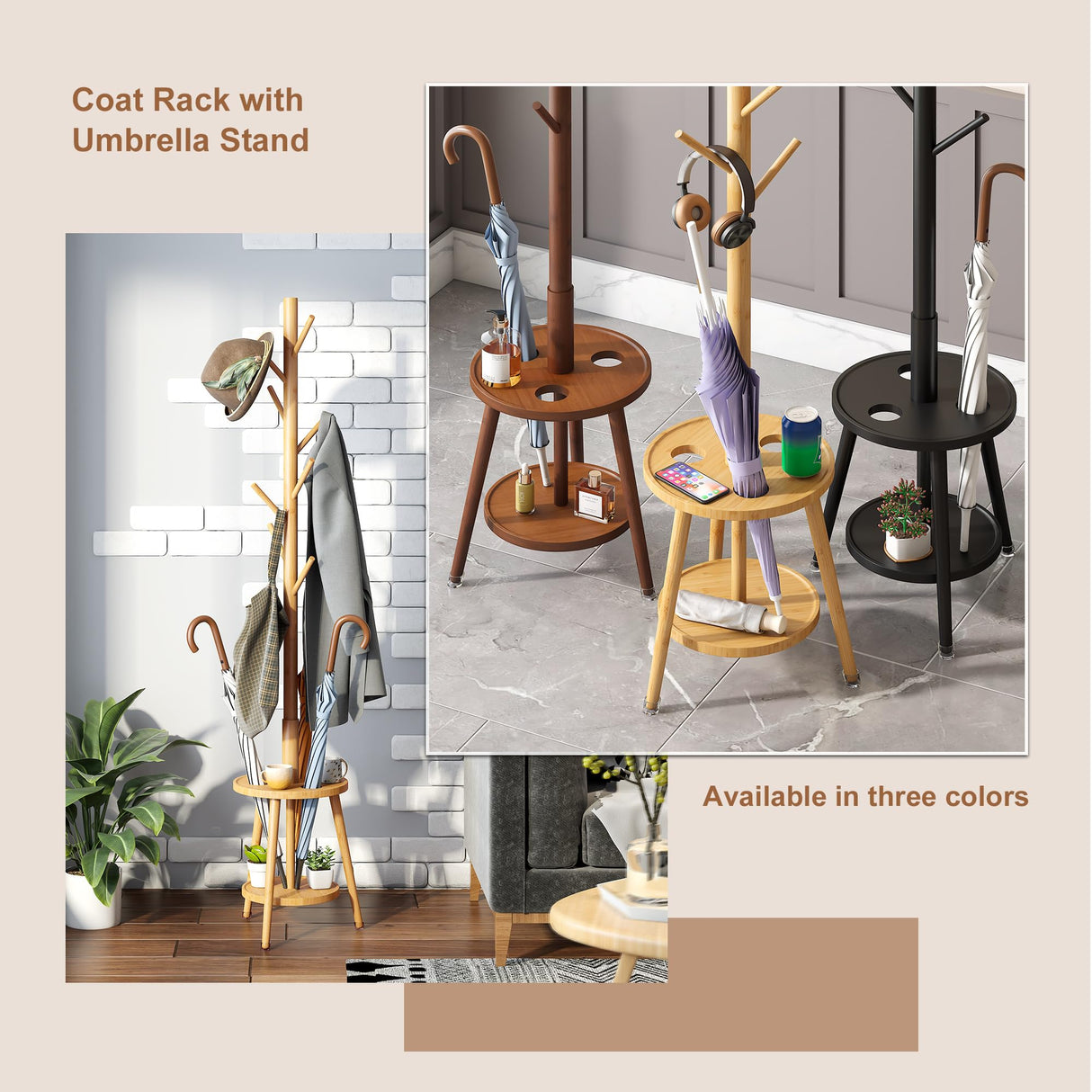 FILWH Freestanding Coat Rack with Umbrella Organizer Tray Bamboo Coat Tree Rack with 8 Hook Stand for Clothes Bag Hats Entryway Hanger Stand(Nature) FILWH