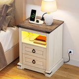 YITAHOME Farmhouse Nightstand with Charging Station, 2 Drawers Night Stand for Bedroom, LED End Table Side Table w/Open Shelf, Set of 2, Off White+Walnut Grain YITAHOME