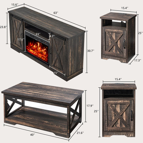 AMERLIFE 5-Piece Farmhouse Table Set Includes Fireplace TV Stand, Coffee Table& Two End Tables with Charging Station and USB Ports, for Living Room, Dark Oak, 63" AMERLIFE
