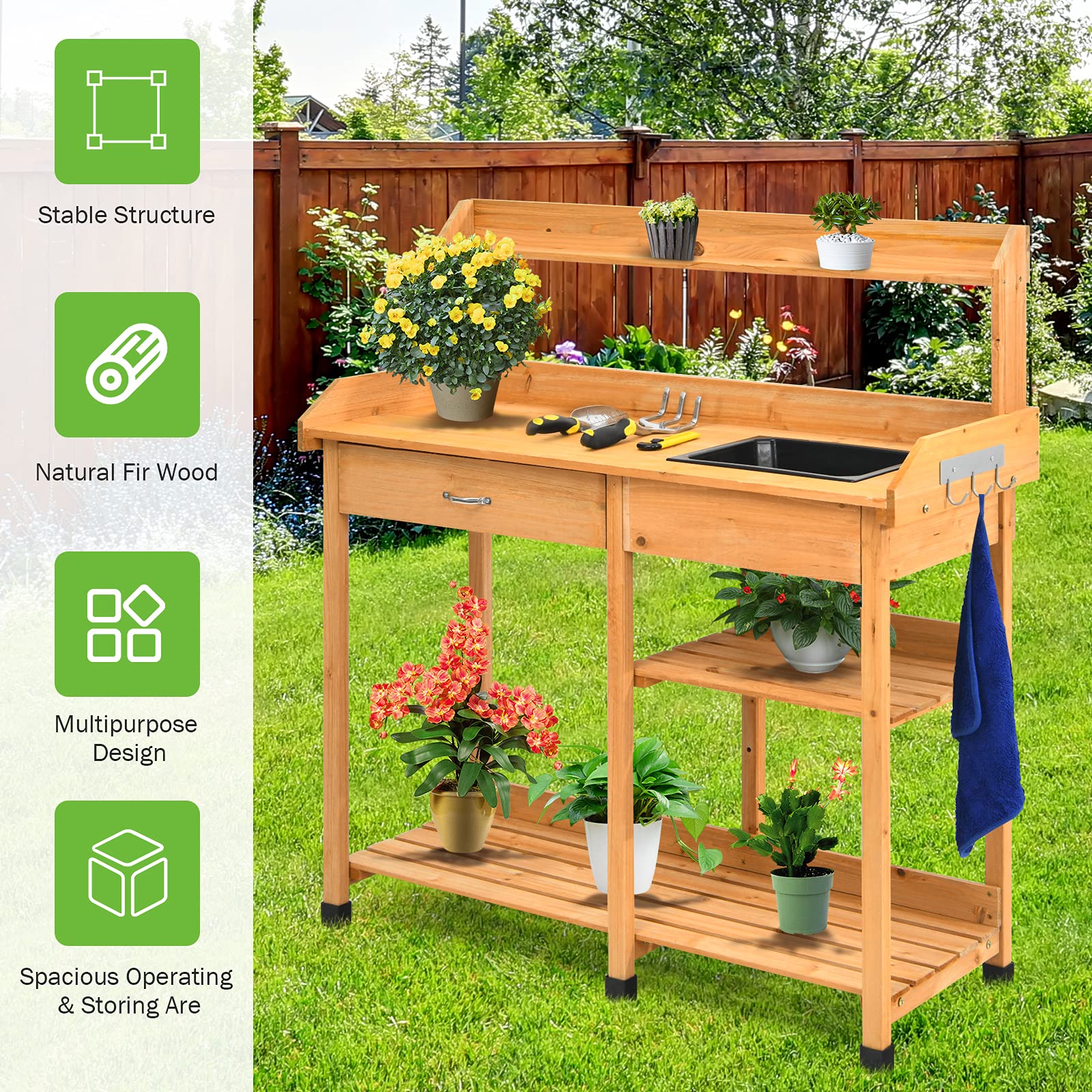 S AFSTAR Outdoor Potting Bench, Wooden Workstation Table w/Removable Sink, Tools Drawer, 3 Tier Open Shelf & 3 Side Hooks, Potting Table Gardening Table for Backyard Garden Supplies - WoodArtSupply