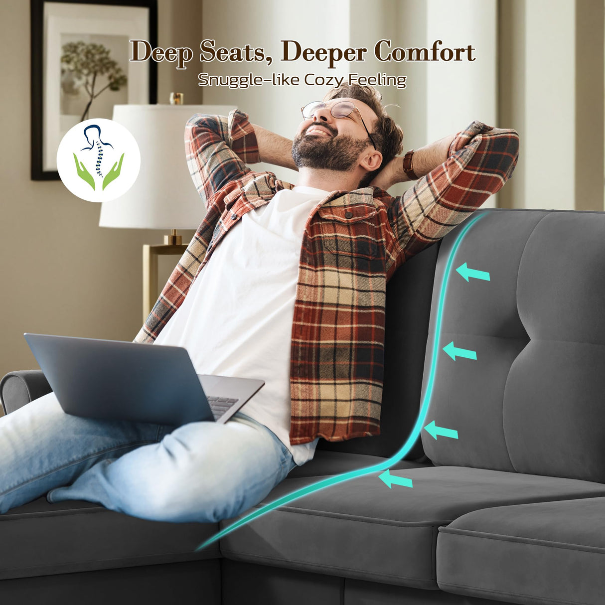 Welzona Sectional Couches for Living Room, 83" Velvet Modern 3 Seater Sofa, L Shaped Couch with Ottoman, Small Sectional Couch Sofas for Living Room, Bedroom, Apartment, Office, Grey Sofa Welzona