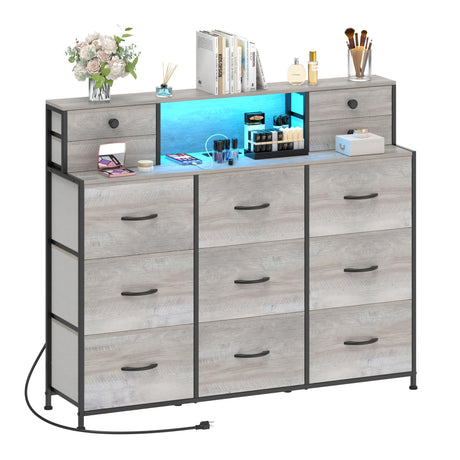 Welfuturer Grey Dresser with Power Outlets and LED Lights 13 Drawers Long Dresser for Bedroom Faux Leather Fabric Chest of Drawers for Living Room Hallway Entryway Closets Sturdy Frame Wood Top Welfuturer