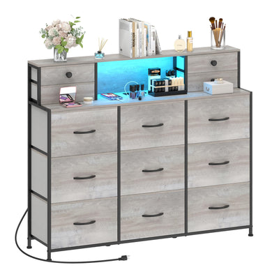 Welfuturer Grey Dresser with Power Outlets and LED Lights 13 Drawers Long Dresser for Bedroom Faux Leather Fabric Chest of Drawers for Living Room Hallway Entryway Closets Sturdy Frame Wood Top