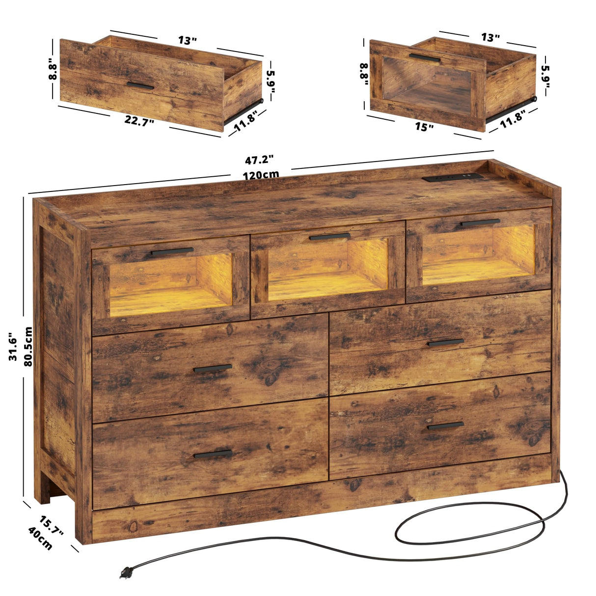 LIKIMIO 7 Drawer 47" Glass Dresser with LED and Power Strip, Wood Dressers & Chests of Drawers for Bedroom Living Room, Rustic Brown LIKIMIO