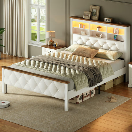 RALGEND Farmhouse Full Size Bed Frame with 51.2" Tall Storage Headboard, Upholstered Platform Bed Frame with Bookcase Headboard and LED Light, No Box Spring Needed, White and Walnut RALGEND