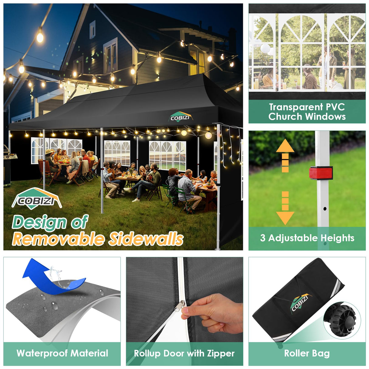 COBIZI 10x30 Pop Up Canopy Tent with 8 Removable Sidewalls Ez Pop Up Party Tent 10x30 Waterproof Instant Shelter UPF50+ Outdoor Canopy Tent for Parties Wedding Events,with Roller Bag&4 Sandbags,Black COBIZI