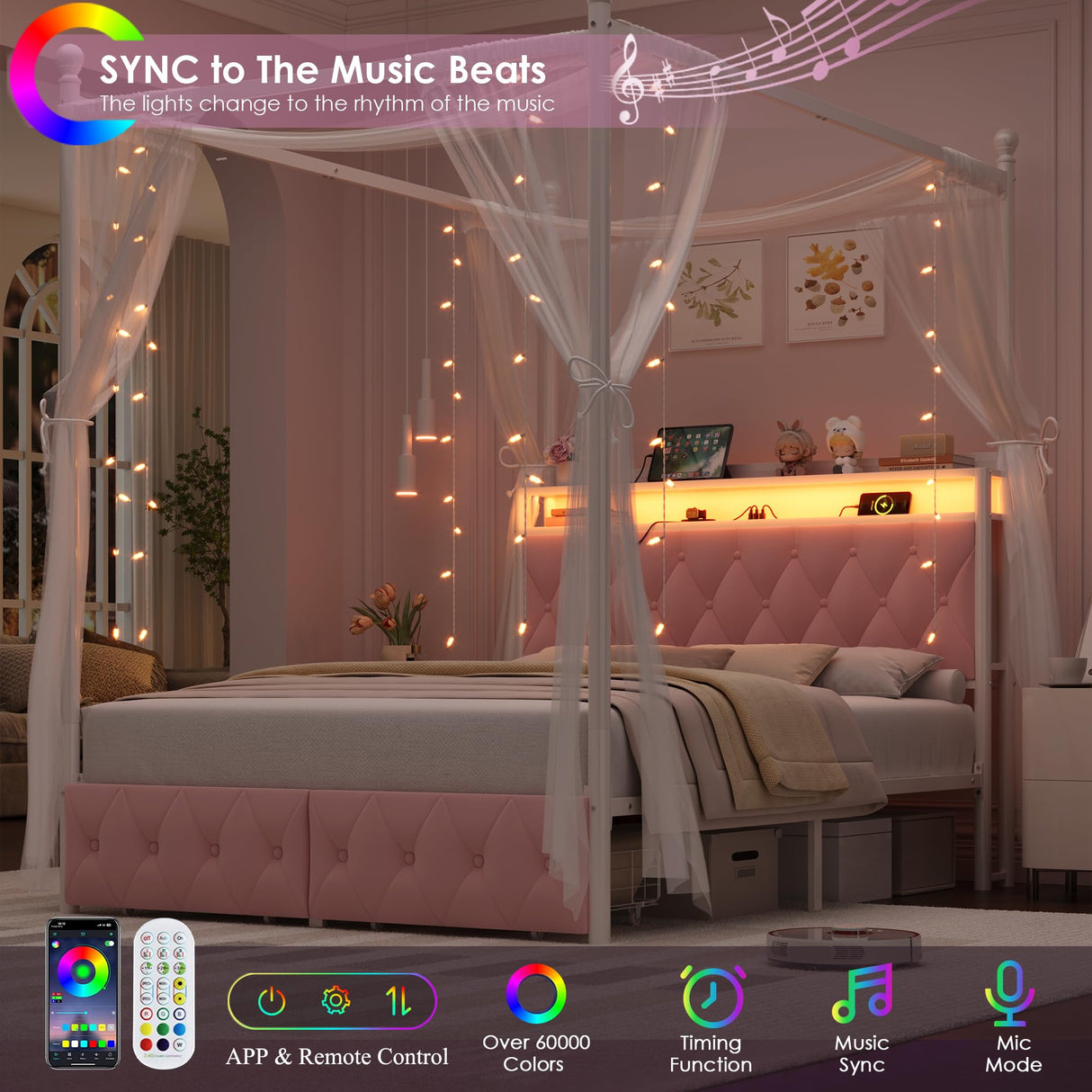 HIFIT Full Size Upholstered LED Canopy Bed Frame with Storage and Charging Station, Button Tufted Storage Headboard with Bookshelf, Two-Use Metal Platform Bed with 4 Removable Posts & 2 Drawers, Pink HIFIT