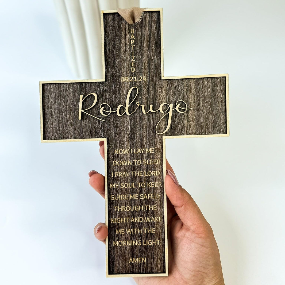 Personalized Engraved Wooden Cross, Christian WoodCcross for Baptism, Holy Communion, Confirmation or Newborn Gift Keepsake with Custom Name and Date with Message LIGHTIT STUDIO