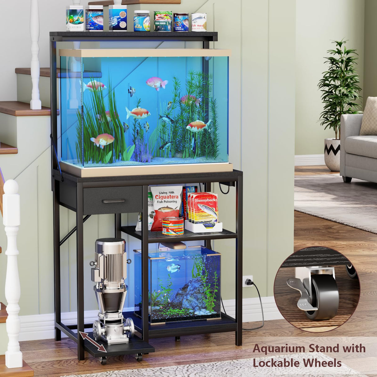 Korfile Large Aquarium Stand with Power Outlet, Tall 4 Tiers Fish Tank Stand with Storage Drawer, 400LBS Capacity Terrarium Stand with 4 Wheels, Reptile Tank for Accessories Storage, Black Korfile