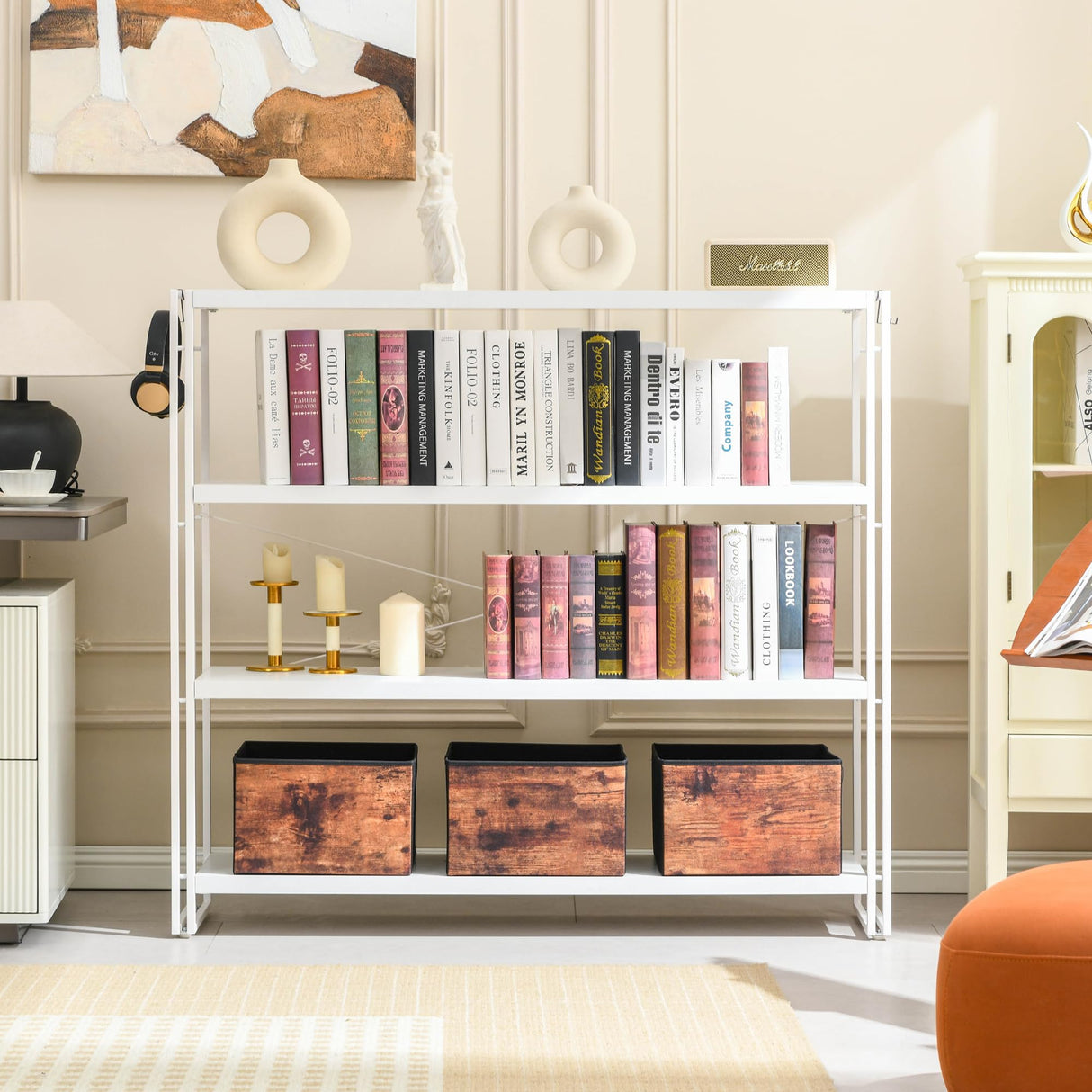 HCHQHS Bookshelf, 4-Tier Industrial Bookcase, White Open Book Shelf, Freestanding Tall Bookshelves with Metal Frame HCHQHS