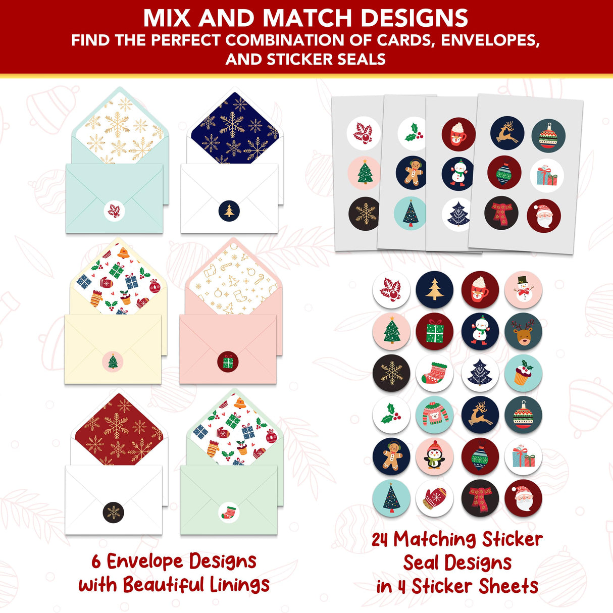 Decorably 24 Pack Foiled & Glittery 6x4in Box of Christmas Cards with Envelopes and Stickers, 24 Festive Designs Boxed Christmas Cards with Envelopes with Printed Message Inside Decorably