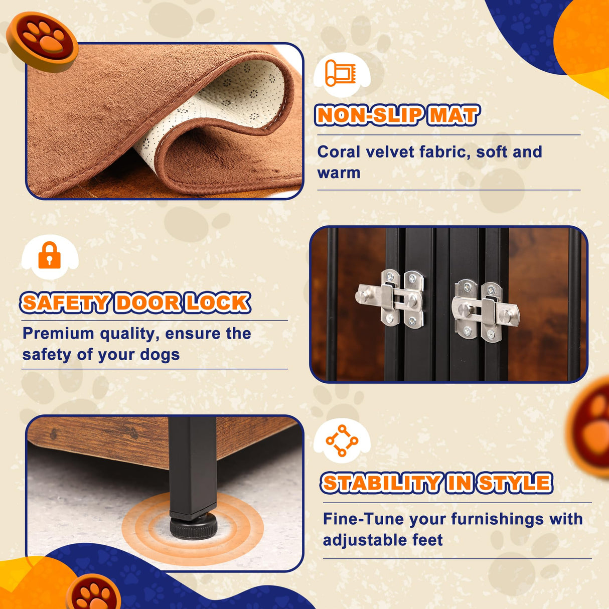 75'' Dog Crate Furniture Large Storage TV Stand with Dual Cushion / 4 Bowls/Double Rooms, Wooden Dog Kennel Dog Crate End Table with Removable Divider for Large Medium Dogs, Rustic Brown NASHZEN