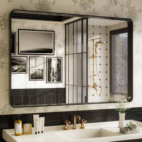ISKM Black Bathroom Mirror for Wall 48" x 32" Matte Black Framed Vanity Mirror Anti-Rust Tempered Glass Hangs Horizontal or Vertical ISKM