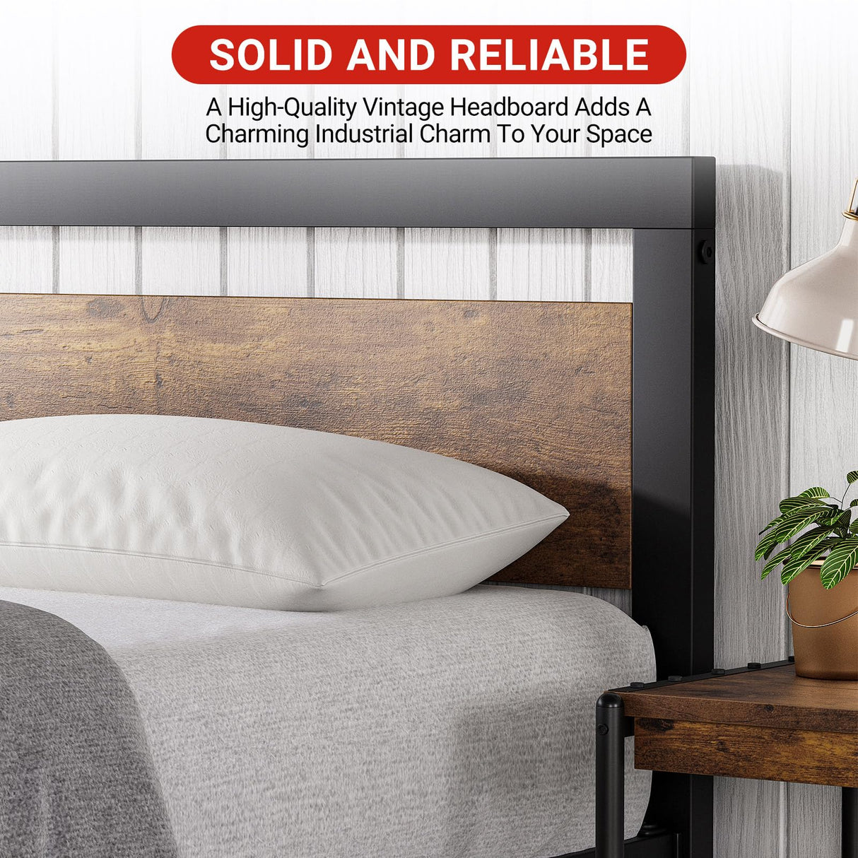 GarveeHome King Size Bed Frame, Industrial King Bed Platform with Headboard No Box Spring Needed, 14 Inch Easy Assemble King Mattress Bedframe, Retro Brown GarveeHome